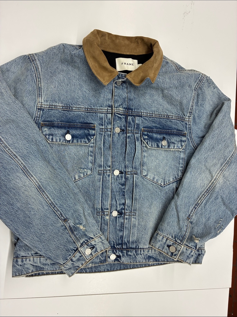 New Frame Vintage Denim Jacket in Blue Beach Rips Size XL